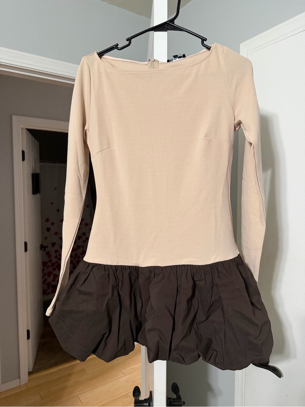 Fashion Nova Beige Dress with Brown Bubble Hem